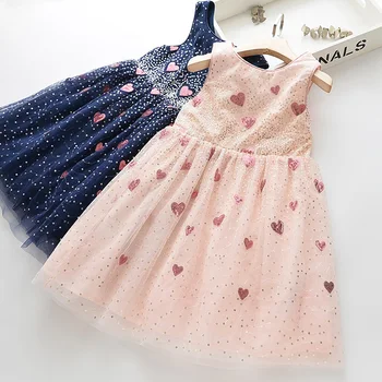 

Girls Dress Summer Brand New Sequin Splicing Yarn Girls Round Neck Sleeveless Love Dot Dress Baby Kids Girls Clothing