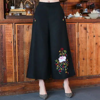 

Plus Size Loose Summr Spring Women Vintage Cotton Linen Wide Leg Pants Casual High Waist Art Vintage Embroidery Cropped Trousers