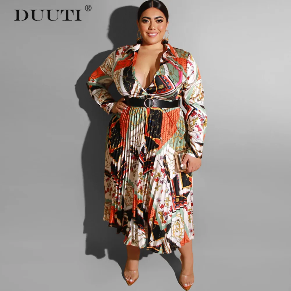

DUUTI Plus Size Women Bohemian Dress Spring Autumn Retro Flower Printed Pleated Deep V Neck Long Sleeve Sexy Dress With Belt D25