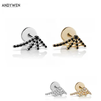 

ANDYWEN 925 Sterling Silver Single Left Good Crystal Triple Web Stud Earring Women Black CZ Zircon Punk Rock Ear Jewellry