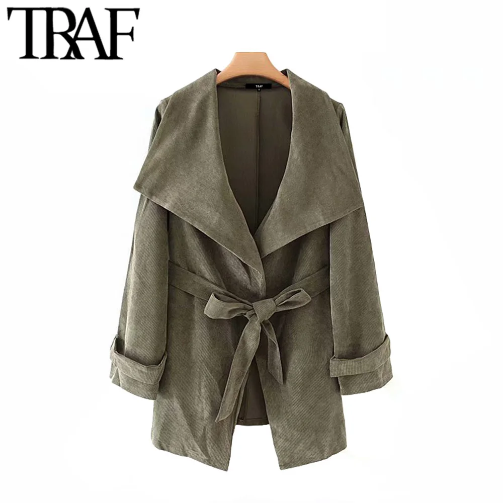

TRAF Women Vintage Stylish Open Stitch Corduroy Jacket Coat Fashion Long Sleeve Bow Tie Sashes Female Outerwear Chic Tops