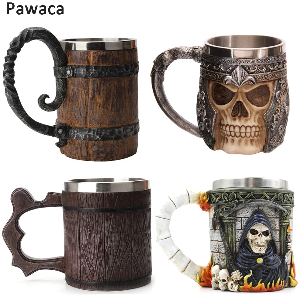 600ml Wooden Barrel Beer Mug Stainless Steel Resin 3D Tankard Coffee Cup Wine Glass Whiskey Tasting Bar Drinkware Mugs | Дом и сад