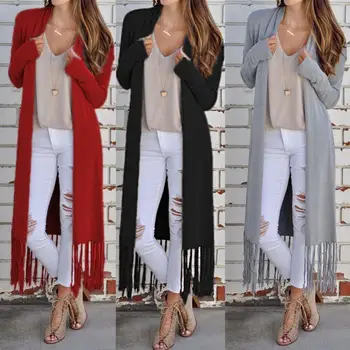 

2020 Women Autumn Winter Solid Color Long Sleeve Open Front Tassel Thin Fitness Cardigan Women's Outwear