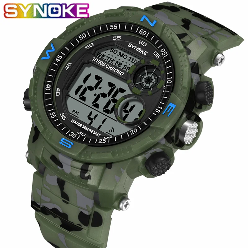 

SYNOKE Casual Men's Military Sports Digital Wristwatch Army Green Camouflage Multi-function LED Colorful Outdoor Watches Male
