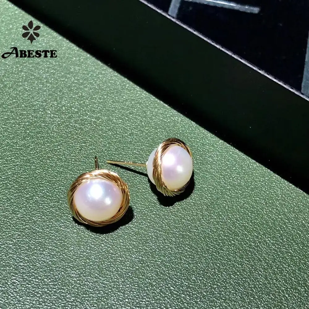 ANI 14K рулонные Золотые женские серьги гвоздики ручной работы с пресноводным белым