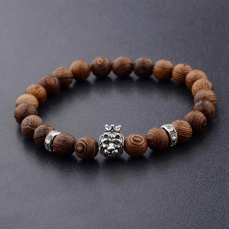 

OIQUEI Men Women's Wooden Beads Crown Lion Head Beaded Bracelet Hanmade Healing Balance Jewelry Bijoux Homme Pulsera Hombre