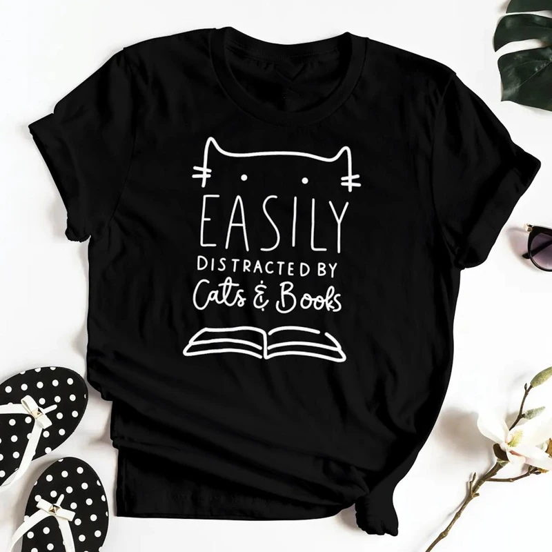 cumpleaños Normalización Moler Camiseta con mensaje "Easy distressed By Cats & Books" para mujer, playeras  divertidas de gusano de lectura, camisetas de regalo para mamá|Camisetas| -  AliExpress