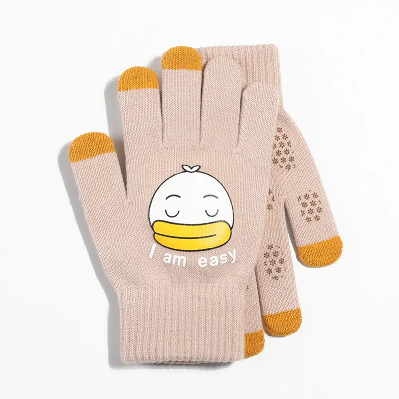 Вязаные перчатки женские зимние с сенсорным экраном теплые плюс бархатные толстые милые студенческие уличные мотоциклетные шерстяные Мультяшные перчатки для бега - Цвет: Beige yellow duck
