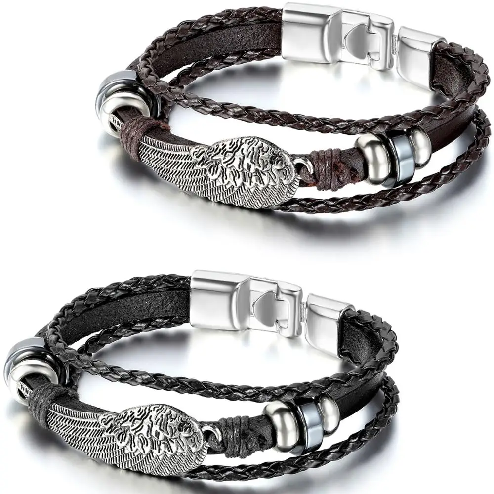 BONISKISS 2020 New Arrival Multilayer Angel Wings Bracelet Black Brown Braid Cuff Leather Women Men Bracelets Pulseira wholesale | Украшения
