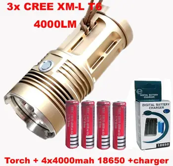 

WasaFire 4000 Lumen 3 x XML T6 LED Flashlight Torch Camp 30W Lamp Light + 4 * 18650 4000mah Battery + Charger