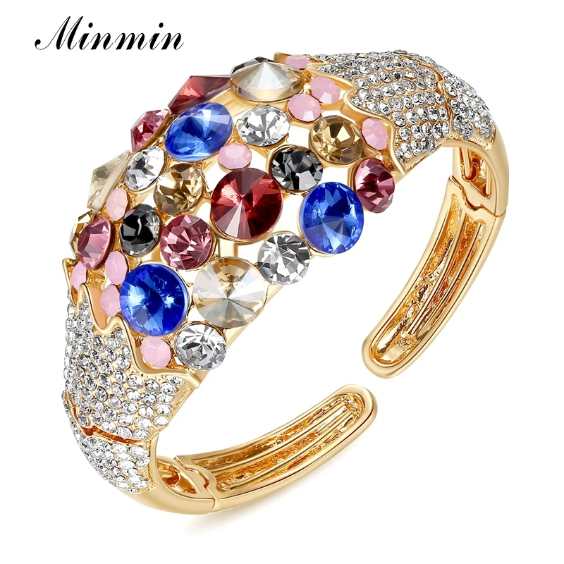 Minmin Wide Colorful Crystal Bangle Bracelet for Women Luxury Gold Color Brides Bracelet Adjustable Wedding Party Jewelry MSL425