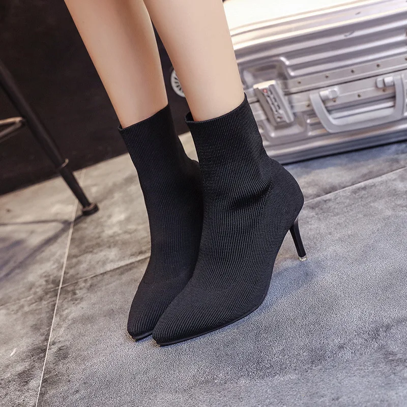 

2018 Autumn & Winter New Style Europe And America Martin Boots Pointed Toe Thin Heeled Yarn Fabric Women's High-Heel Slimming So