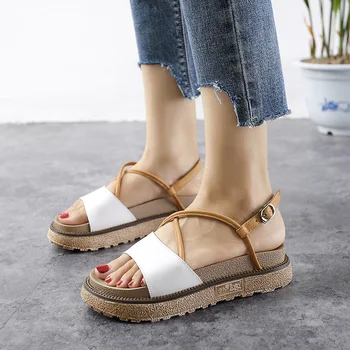 

2020 Summer Sandals Beach Gladiator Thick Bottom Solid Women Shoes Casual Medium Loose Bottom Flat Roman Footwear Shoes