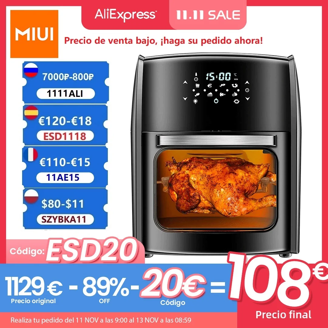 MIUI 10L/12.7QT Electric Air Fryer Oven MI-CYCLONE Rotisserie Dehydrator LED Large Capacity Chicken Frying Machine 5in1
