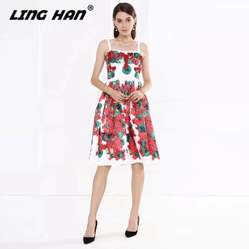 

LINGHAN Fashion Beading Dress Women's Elegant Print Slash neck 3D Flower party Dresses Designer Spring Summer New