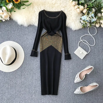 

MVGIRLRU Autumn and Winter Dress Women's Bright Silk Color Matching Slim Knit Bottom Dress