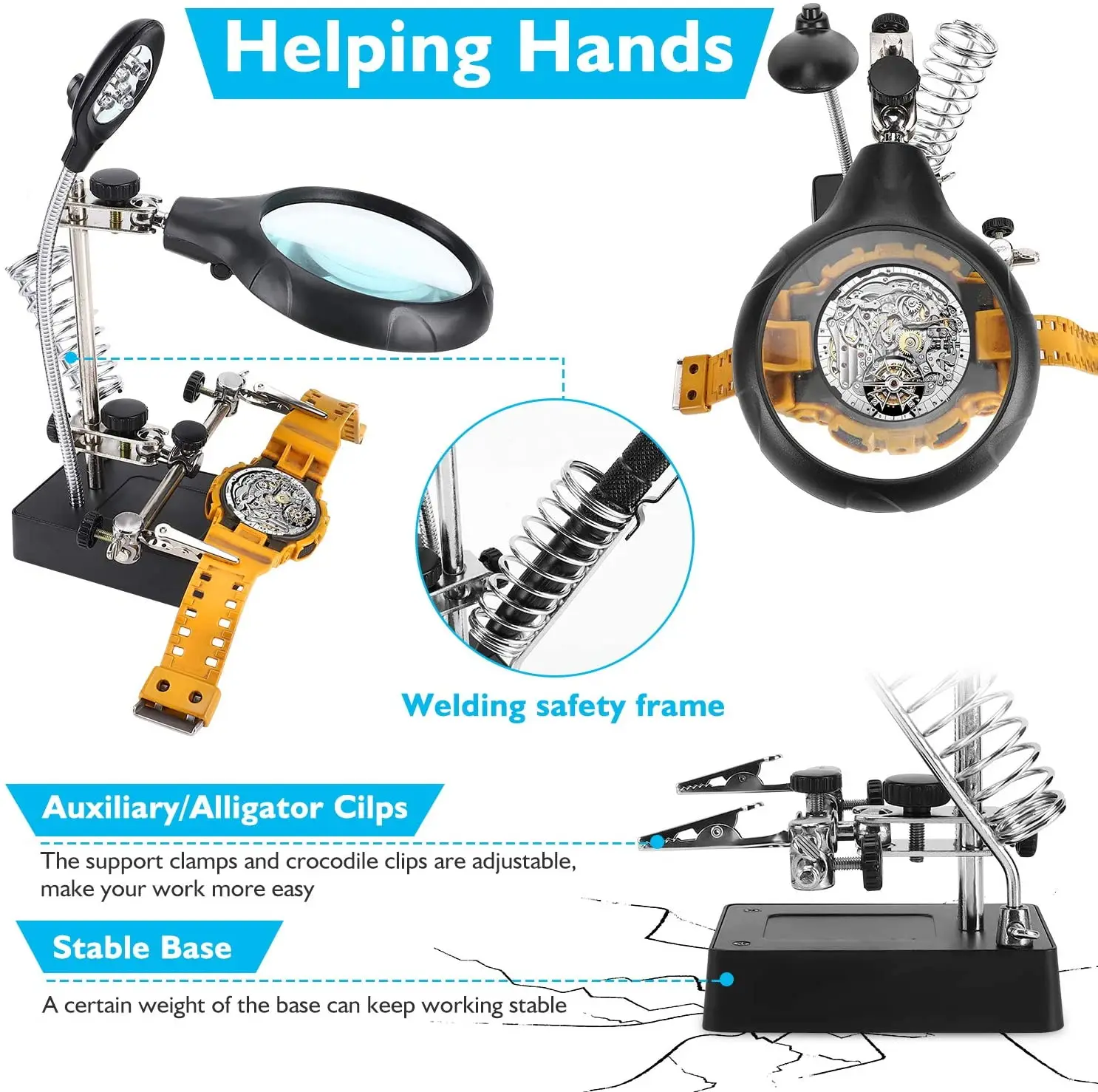  Hobby Magnifying Glass With Light Helping Hands Station With  Led Light - 4x Free Magnifier Stand With Clamp And Alligator Clips - For  Soldering, Assembly, Repair, Modeling, H,Portable Illuminated : Everything