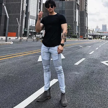 

2020 Muscle Guy Tight Mens Skinny Jeans Slim Fit Ripped Jeans Big and Tall Stretch Blue Jeans for Men Distressed Elastic Skinny