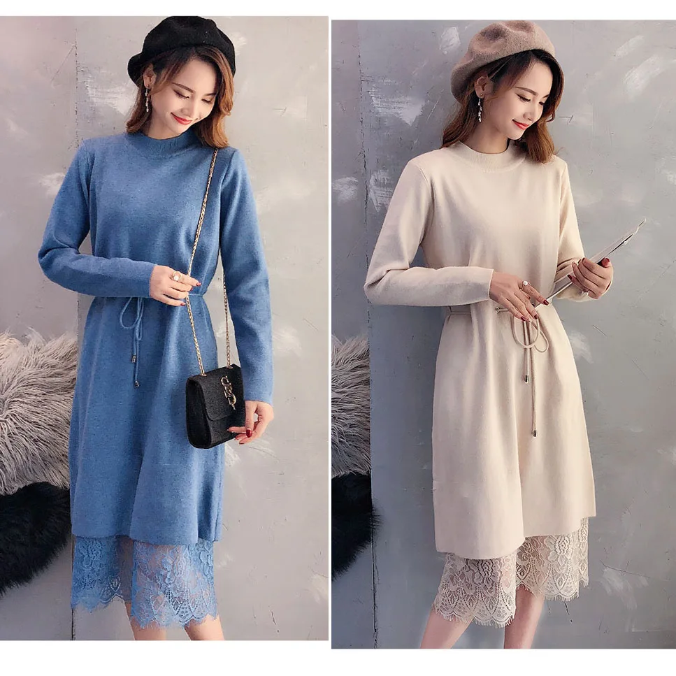 elegant O-neck loose long Thick Sweater dress women Autumn Winter lace Drawstring dress Femme Lace Up loose robe Knitted dress