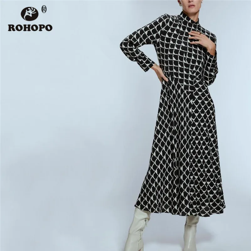 

ROHOPO Semi High Collar Long Sleeve Printed Black Midi Dress Back Zipper Closure Neck Autumn Retro Elegant Mid Calf Vestido 9367