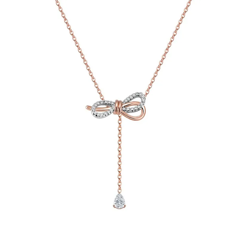

Trendy Rose Gold Bow Y-shaped Long Tassel Water Drop Pendant Necklace Woman Jewelry Temperament Clavicle Chain Gift