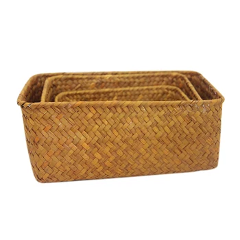 

3Pcs Straw Weaving Picnic Storage Wicker Basket for Toys Fruit Food Bathroom Desk Kitchen Neatening Sundries Organizer