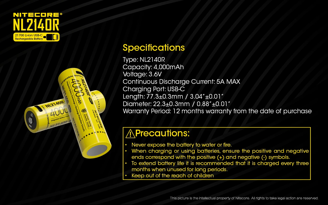 NITECORE NL2140R / NL2150R rechargeable battery 21700 USB-C 3.6V Li-ion 4000mAh 5000mAh Continuous current:Max 5A bright star flashlights