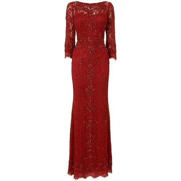 Красный robe de soiree Хрустальное Красное Кружевное длинное вечернее платье с рукавами Новая мода vestido de festa longo официальные платья - Цвет: Красный