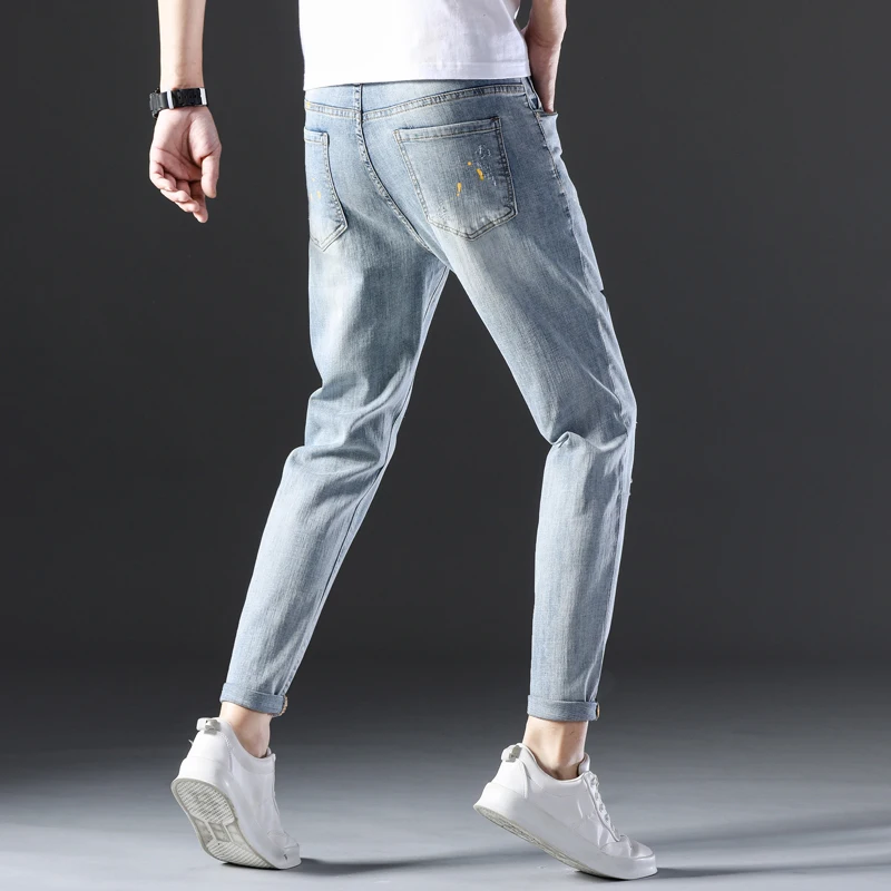 Hot Product New Fashion Streetwear Mens Jean Destroyed Hole Men Full Length Jeans Nine-cent Jeans Spiritual Boys and Social People's Trouser