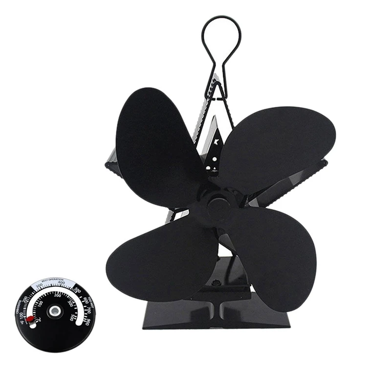 

4 Blade Heat Powered Stove Fan with Thermometer Wood Burner Home Heat Distribution Quiet Fan Home Efficient Heat Distribution