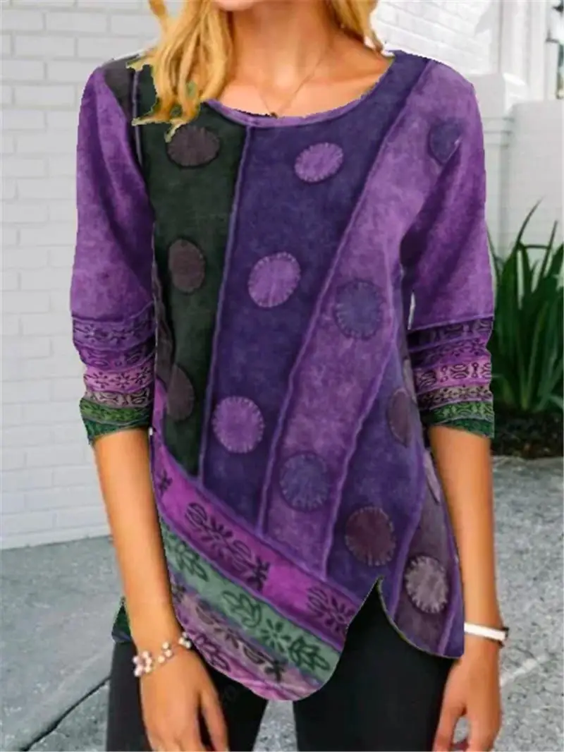 

Spring New Fashion Women T-Shirt Vintage O-Neck Long Sleeve Female Pullover T-Shirt Casual Irregular Thin Patchwork Lady T-Shirt