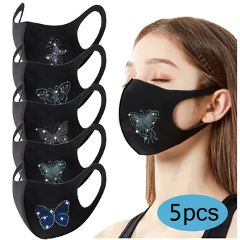 

5pc Unisex Black Cotton Mouth Mask Winter Warm Rhinestone Prinitng Face Mask Hanging Ear Mask Mascarilla Deportiva