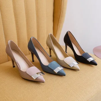 

2019 genuine leather sexy pointed shallow high heel all-match single shoes women