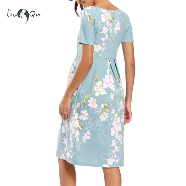 Vestido suelto para embarazadas, Vestido de manga corta Floral, informal, cintura suave, dibujo plisado hasta la rodilla, para verano 6