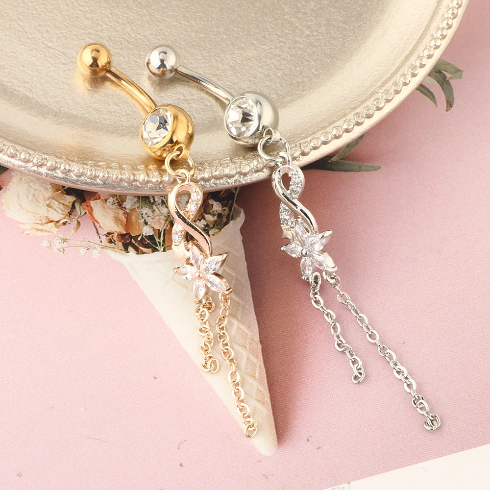 JUNLOWPY Wholesale Body Jewelry Silver Color Crystal Belly Button Rings 16G Titanium Dangle Belly Ring Bellybutton Piercing