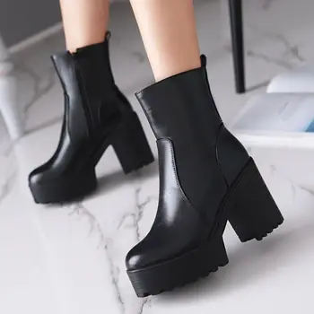 comprar Tamanho Grande Mulher Outono Inverno Botas Das Mulheres Senhoras Chunky Cunha Plataforma Preto Couro Tornozelo Botas Punk Goth Sapatos Branco Botas
