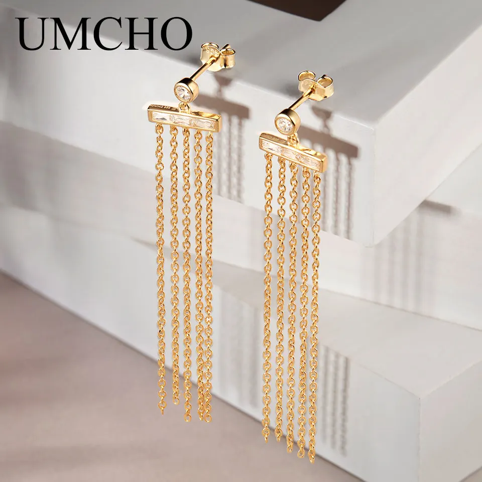 UMCHO Pure 925 стерлингового серебра кисточкой Висячие серьги для женщин Свадебные романтические длинные геометрические простые тонкие ювелирные изделия подарок для свиданий