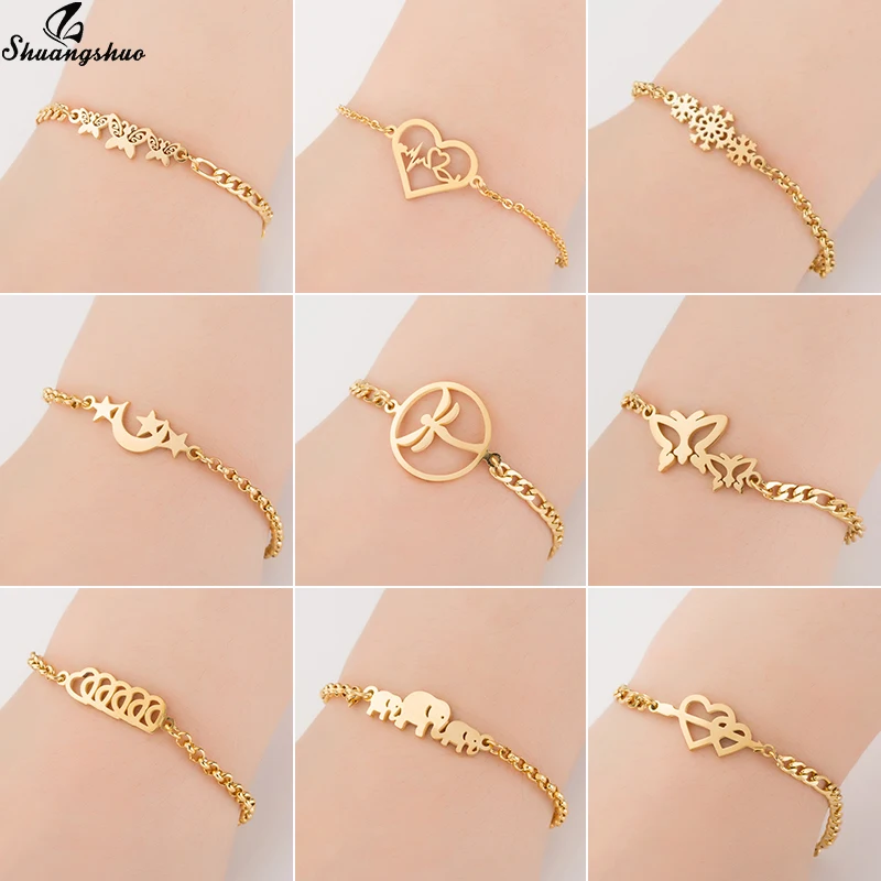 

Shuangshuo Stainless Steel Cuff Elephant Bracelet for Women Fashion Animal Butterfly Charm Bracelets Star Moon pulseras mujer