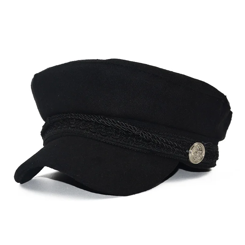 Зимняя женская шапка унисекс в Военном Стиле во французском стиле, Шерстяная кепка Baker's Boy, Кепка с плоским верхом для путешествий, Кепка для курсантов, бейсболки, черный с козырьком, шапка - Цвет: Черный