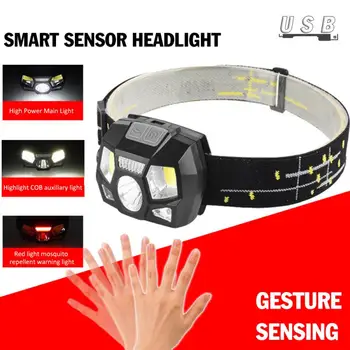 

USB charge gesture Motion Sensor Headlamp 6 mode XPE COB LED Headlight Flashlight Camping Torch light Head lamp built in battery