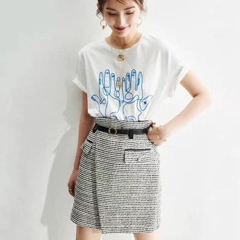 

2020 Spring and Summer New Elegant Simple Style Palm Pattern Embroidered Short Sleeve T-shirt for Women