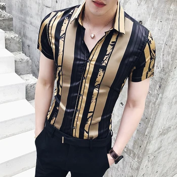 

High Quality Mens Short Sleeve Striped Shirt Summer Black Casual Hawaiian Shirt Slim Fit Gold Vintage Luxury Blouse Fashion 2020