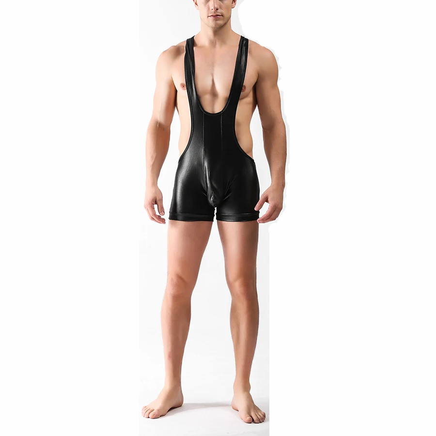 

Men's Faux Latex Bodysuit Leotard Wrestling Mankini Fetish Jumpsuit Boxer Briefs Underwear Freestyle Leotard Underwear