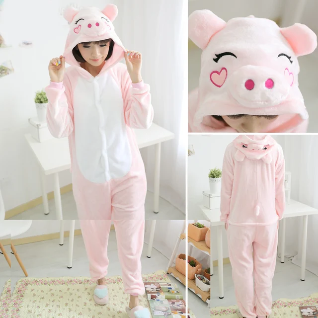 Women Unicorn Totoro Panda Onesies Unisex Winter Men Bear Onesies Kids Nightwear Anime Cosplay Costume Flannel Sleepwear Pajamas Pink Pig