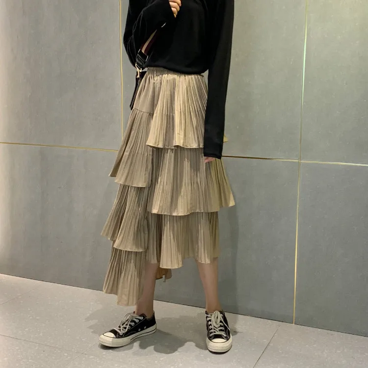 Mujer moda Корейская юбка с оборками и высокой талией весна лето осень модная женская одежда ulzzang асимметричные юбки черные - Цвет: Хаки
