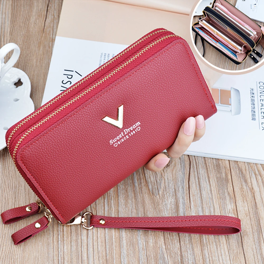 

V Decor Double Zipper Large Capacity RFID Purse Coin Pocket Cellphone Wrist Handbag Women Girls Long Wallet Luxury Altra Thick