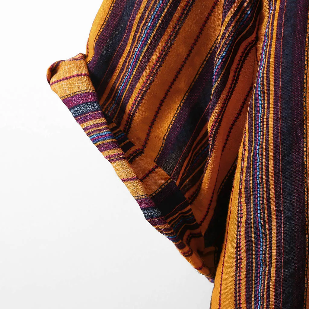 Hawaiian Striped Print Shirt Mens Summer Stand Collar Short Sleeve Tops Blouse Button Streetwear Casual Brand Chemise Camisas
