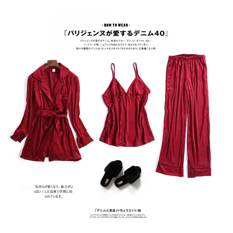 Gold Velvet 3 Pieces Home Gown Set Robe For Women Winter Long-sleeve Female Sleepwear Homewear Nightwear