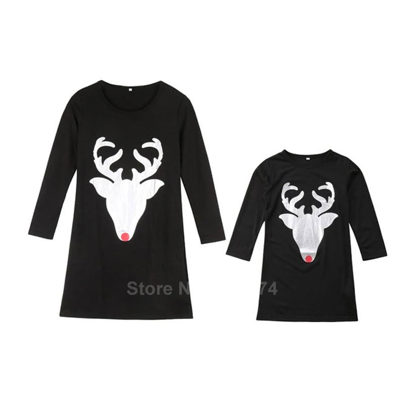 

Autumn Winter Mother and Daughter Dress Family Christmas Elk Deer Print Matching Clothing Long T-shirt Sweater Dresses