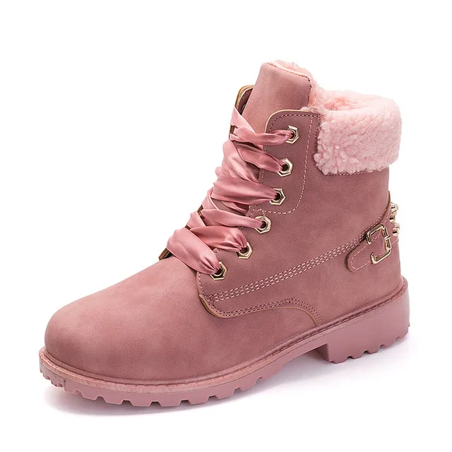Зимние женские ботинки; Новинка года; модные однотонные кроссовки на шнуровке; женские теплые бархатные ботильоны; женская обувь; зимние ботинки из искусственной кожи с круглым носком - Цвет: pink